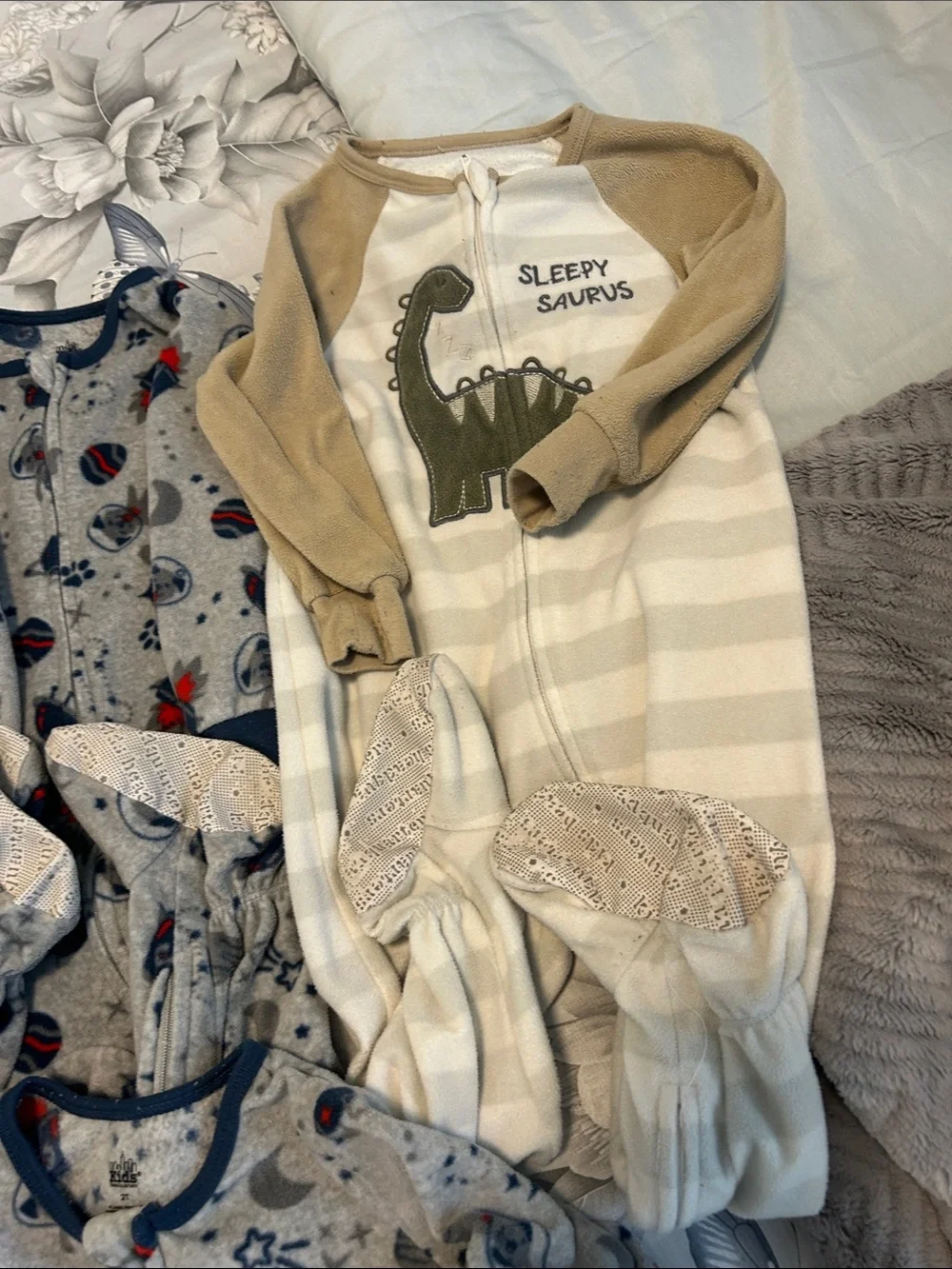 Kids Headquarters Blue, Gray and Tan Fleece Footed Pajamas Set